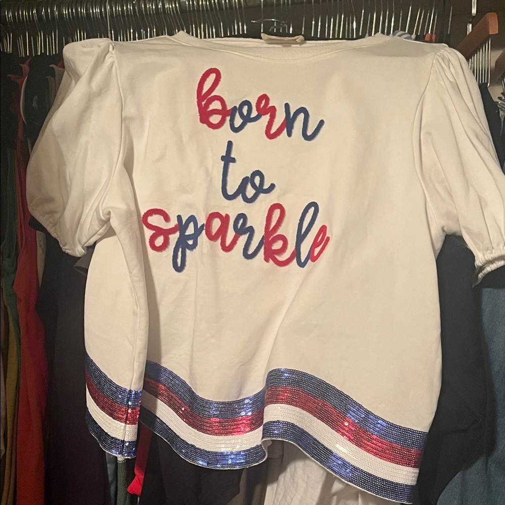 Women sequin puff sleeve 'Born to Sparkle' White Shirt